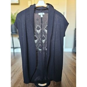 Dressbarn Black Sleeveless Open Front Cardigan Vest Pointelle Lace Back Womens M
